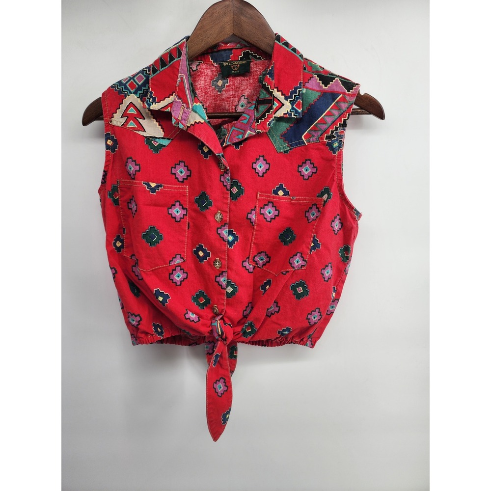 Willowbend Petite Red Southwestern Aztec Print Sleeveless Tie Front Crop Top